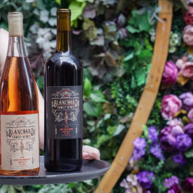 server presenting a bottle of rose and a bottle of red wine at Blanchard Family Wines at Dairy Block