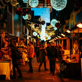 holiday lights and shops in the alley at dairy block denver