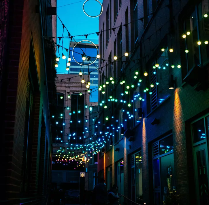 downpour lighting in blakes passage alley at dairy block denver