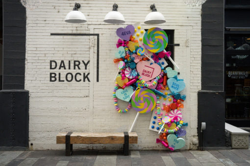 valentines day art installation in the alley at dairy block denver