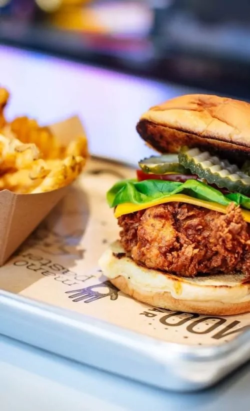 Fried chicken sandwich and waffle fries