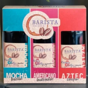 Barista Spirits whiskey coffee set with Mocha, Americano, Aztec bottles, labeled as Brazilian, Guatemalan, Ethiopian