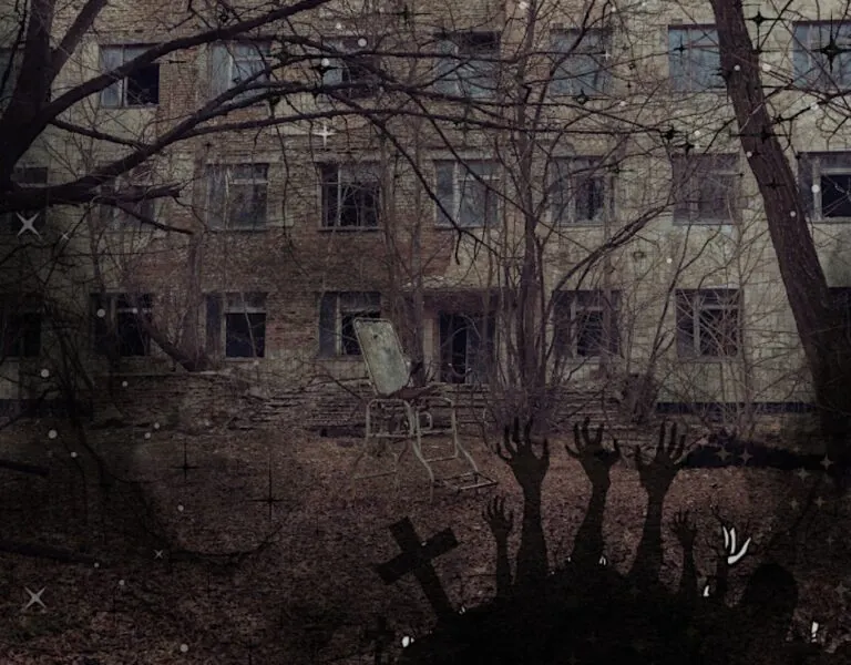 Abandoned building with barren trees, shadowy figures, and reaching hands in foreground