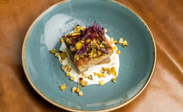 Gourmet dish with roasted meat, corn, red microgreens, and cream sauce on a blue plate