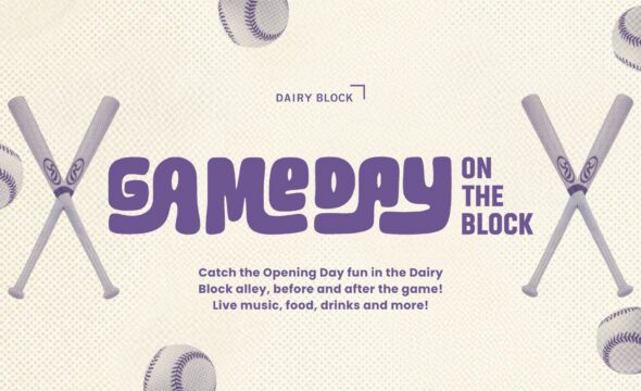 Gameday on the Block event poster with baseballs and bats. Includes text: 