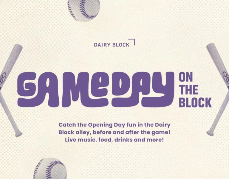 Gameday on the Block event poster with baseballs and bats. Includes text: 