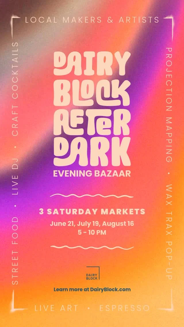 When the sun sets, Dairy Block After Dark flips the switch. ⚡️⁠⁠Mark your calendars for Saturday, June 21! Curated by @FiresideAtFive, Dairy Block After Dark is back with global night market energy, local flavor, and a serious glow-up. Wander through our open-air alley packed with artists, cocktails, and immersive moments that’ll keep you coming back.⁠⁠Pro tip: book a stay at the @MavenHotel and receive an exclusive After Dark starter pack: glow bracelets and necklaces, glow paint, a disposable camera to capture your fits, and two complimentary cocktails from @PokaLolaSocialClub!⁠⁠🎶 Vinyl DJ sets by @ESP.HiFi⁠🍸 Alley Pop-Up Bar by @PokaLolaSocialClub⁠✨ Projection mapping by @DSDI_, a vinyl shop collab with @RockyMountainRecordShow & disco-inspired installs from @AbstruseLike⁠⁠Explore a fresh lineup of 15+ local artists, makers, and culinary creatives including:⁠ @ShopBabaCool, @BigAssMaps, @BuenaVista.Goods, @ContrariumChainstitch,⁠ @Efta.Streetwear, @FikkaChica, @Gedrd_, @HeyAlissandra, @SpellAndSage, @Doctor_Ew, @HashawPots, @Cr3am.Ink, @KPMountainMetals, @CypressApothecaryy, @TheYellowFix, and more!⁠⁠📌 5–10 PM in the Alley (no tickets needed). Can’t make it June 21? Catch us again July 19 & August 16 with new lineups!