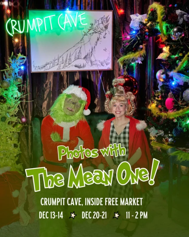The Mean One is taking over Dairy Block and Crumpit Cave is almost open for mischief! Step into a fully immersive set inspired by the 2000 live-action classic, complete with moody lights, festive mischief, and a spot to write your own letter to The Mean One.⁠⁠A few changes this year:⁠💚 Photos are $5 per family and include two prints plus a digital copy.⁠💚 This year, we’re skipping the line. Join the digital queue by scanning a QR code on site, then roam freely.⁠💚 You’ll get a text when it’s your turn — no standing in line, no waiting around. Just a faster, easier way to make some holiday mischief!⁠⁠Next door, cozy up by the fire for Storytime with Cindy Lou, featuring live readings of Dr. Seuss’ How The Grinch Stole Christmas at 11 AM, 12 PM and 1 PM. Storytime is free and first come, first served. Space is limited, so arrive early to snag your spot!⁠⁠📌 Photos With The Mean One and Storytime with Cindy Lou are only available on Mistletoe Market dates (December 13-14 and 20-21) and are located in Free Market.⁠⁠And yes, green hot cocoa is very real. Sip the Mean One’s signature drink from @AmpArtisanCoffee, located inside Free Market along with other holiday favorites! ☕⁠⁠𝗧𝗮𝗴 𝘀𝗼𝗺𝗲𝗼𝗻𝗲 𝘄𝗵𝗼𝘀𝗲 𝗵𝗲𝗮𝗿𝘁 𝗰𝗼𝘂𝗹𝗱 𝘀𝘁𝗮𝗻𝗱 𝘁𝗼 𝗴𝗿𝗼𝘄 𝘁𝗵𝗿𝗲𝗲 𝘀𝗶𝘇𝗲𝘀 𝘁𝗵𝗶𝘀 𝘆𝗲𝗮𝗿… 𝗮𝗻𝗱 𝗰𝗼𝗺𝗺𝗲𝗻𝘁 “𝗖𝗿𝘂𝗺𝗽𝗶𝘁” 𝗳𝗼𝗿 𝗺𝗼𝗿𝗲 𝗱𝗲𝘁𝗮𝗶𝗹𝘀.